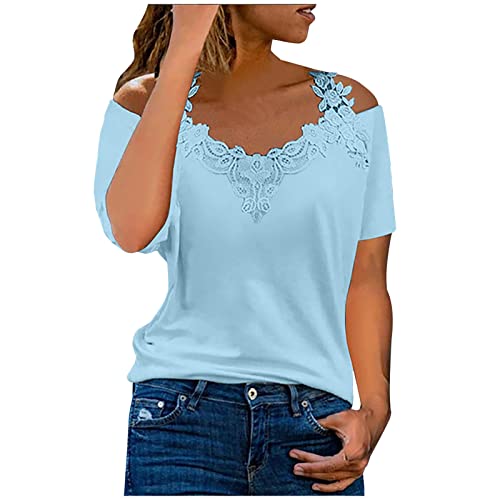 Bluse Damen V-Ausschnitt Shirt Tops Mode Bedrucktes Schulterfrei Spitzen Oberteile Kurzarm Locker Longbluse Off Shoulder Sexy Oberteil Elegant Festliche Blusen Frauen Tshirt Spitze Patchwork Top von DxanDn