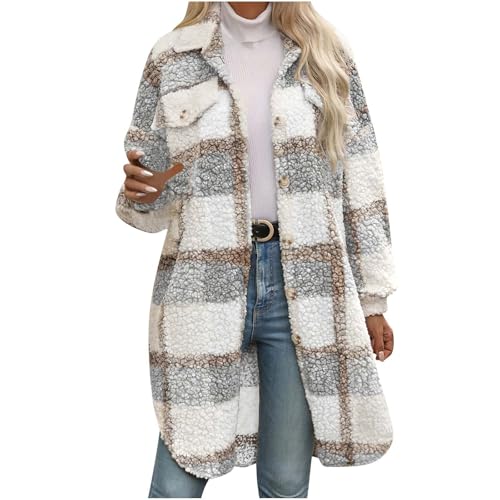 Mantel Damen Lang Clearance, Damen-Shacket Aus GebüRstetem Flanell, Mittellang, Wollmischung, Schottenkaro-Mantel Jacke Mit Taschen Umlegekragen Langarm Oberbekleidung Strickjacke Mit KnöPfen von DxanDn