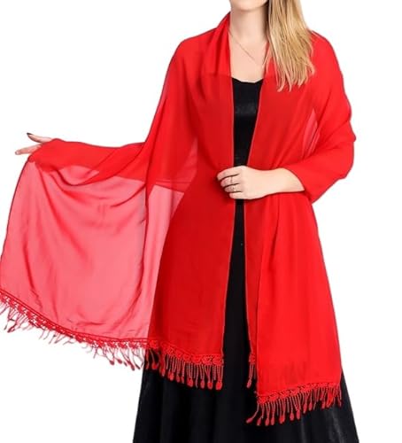 DyLyz Damen Chiffon Bolero Schal rot elegant einfarbig Schal Wickeltuch leicht Vintage transparente Netzquasten Bolero Überwurf Umhang für Abendkleider Partys von DyLyz