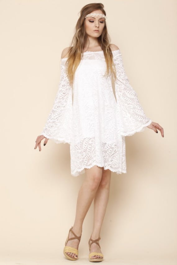 Off-Shoulder Brautkleid Aus Spitze, 70Er Jahre Boho Mit Schlagärmel von DyStyle