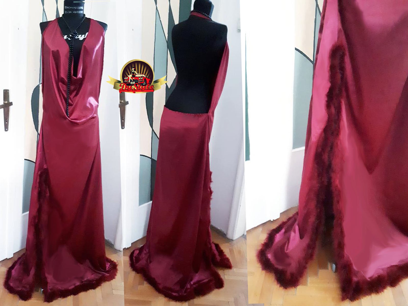 Weinrotes, Seidiges Satin Nachthemd, Federkleid, Nachtwäsche Im Vintage-stil von DyStyle