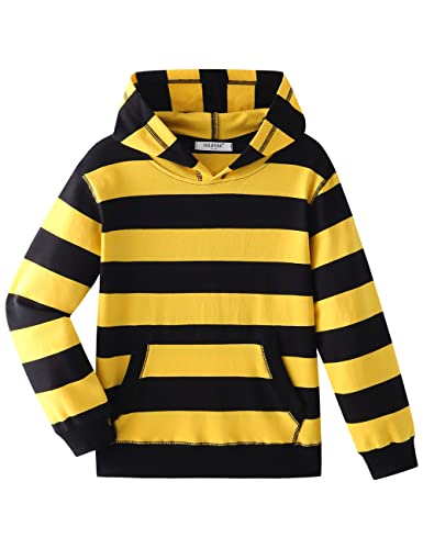 Dybker Jungen Mädchen Hoodies Kapuzenpullover Klassisch Solid Sport Pullover Top Leichte Serie Weiche Plüsch Baumwolle für 5-12 Jahre, Gelb und Schwarz gestreift, 110 von Dybker