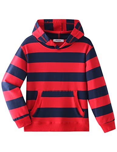 Dybker Jungen Mädchen Hoodies Kapuzenpullover Klassisch Solid Sport Pullover Top Leichte Serie Weiche Plüsch Baumwolle für 5-12 Jahre, Rot und Marineblau gestreift, 110 von Dybker