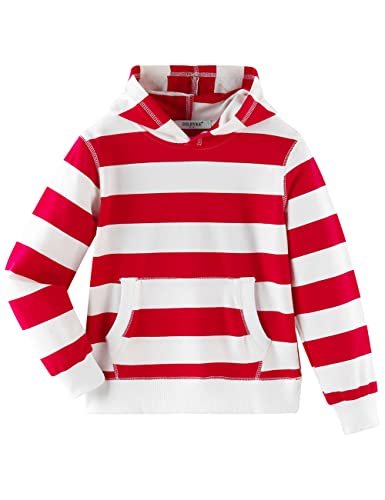 Dybker Jungen Mädchen Hoodies Kapuzenpullover Klassisch Solid Sport Pullover Top Leichte Serie Weiche Plüsch Baumwolle für 5-12 Jahre, Rot und Weiß gestreift, 7-8 Jahre von Dybker