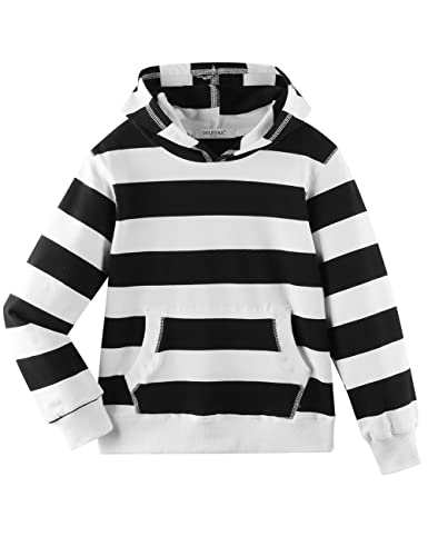 Dybker Jungen Mädchen Hoodies Kapuzenpullover Klassisch Solid Sport Pullover Top Leichte Serie Weiche Plüsch Baumwolle für 5-12 Jahre, Schwarz und Weiß gestreift, 134 von Dybker