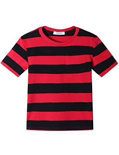 T-Shirt Jungen Mädchen Streifen Rundhalsausschnitt Kurzarm Baumwolle Tops für Kinder Rot Schwarz 13-14 Jahre von Dybker