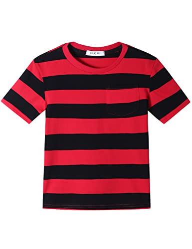 T-Shirt Jungen Mädchen Streifen Rundhalsausschnitt Kurzarm Baumwolle Tops für Kinder Rot Schwarz 9-10 Jahre von Dybker