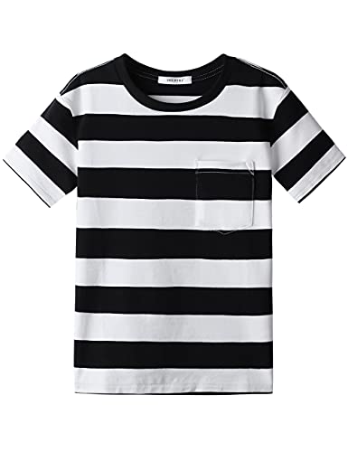 T-Shirt Jungen Mädchen Streifen Rundhalsausschnitt Kurzarm Baumwolle Tops für Kinder Schwarz Weiß 13-14 Jahre von Dybker