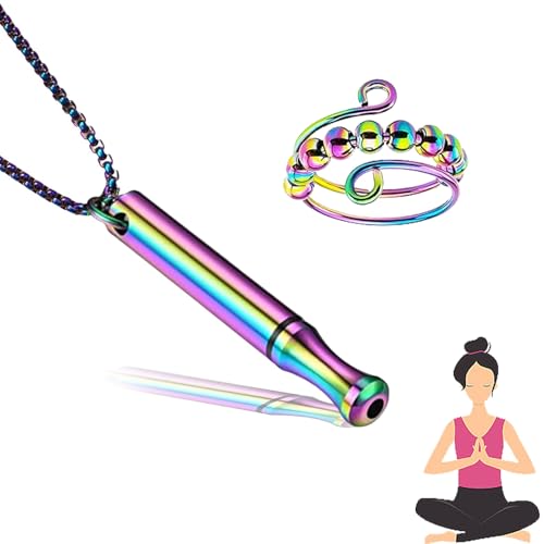 Dycjotyl Kette Mit Pfeife Hilfsmittel Halskette,Atemkette Edelstahl Halskette Atemkette Anti Stress Ring,Mit 1 Armband 1 Angstring,Lindern Sie Ängste für Herren Damen Meditation Entspannung(Bunt) von Dycjotyl