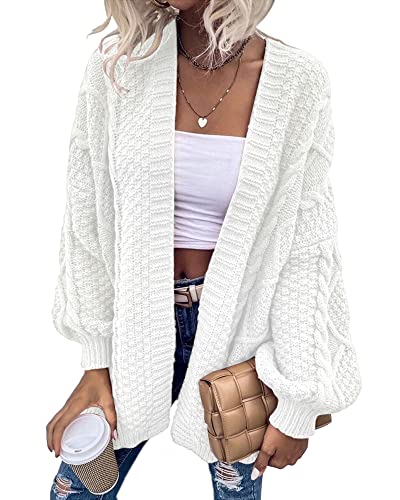 Dyexces Damen Cable Knit Cardigan Sweater Loose Open Front Lange Laterne Ärmel Chunky Pullover, Weiß, Groß von Dyexces