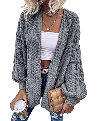 Dyexces Damen Cable Knit Cardigan Sweater Loose Open Front Lange Laterne Ärmel Chunky Pullover, grau, XX-Large von Dyexces