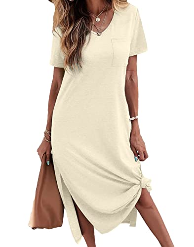 Dyexces Damen Sommer T-Shirt Kleid Casual Kurzarm V-Ausschnitt Maxikleider Lose Seitenschlitz Langes T-Shirt Kleid mit Taschen, Beige, X-Groß von Dyexces