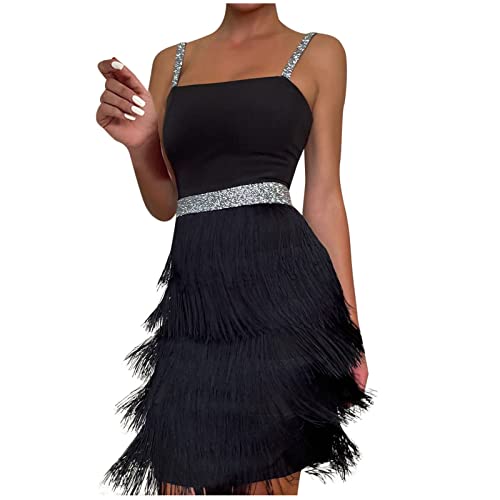 Dyhxuan 1921er Fransenkleid mit Träger Sexy Schulterfrei Partykleid Elegant Einfarbige Lateinisches Tanzkleid ärmellos Quadratischer Kragen Quastenkleid Knielang Cocktailkleid Wickelkleider von Dyhxuan