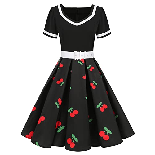 50er Rockabilly Petticoat Kleid Damen Blumen Druck Ballkleid Hohe Taille Cocktailkleid mit Gürtel Kurzarm V-Ausschnitt Abendkleid A-Linien Swing Partykleid Stitching Abiballkleid Midikleid von Dyhxuan