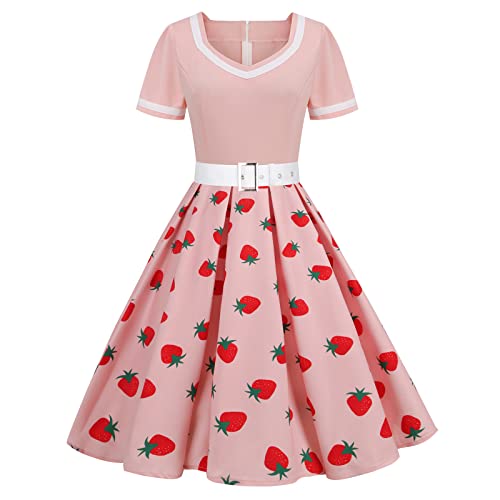 50er Rockabilly Petticoat Kleid Damen Blumen Druck Ballkleid Hohe Taille Cocktailkleid mit Gürtel Kurzarm V-Ausschnitt Abendkleid A-Linien Swing Partykleid Stitching Abiballkleid Midikleid von Dyhxuan