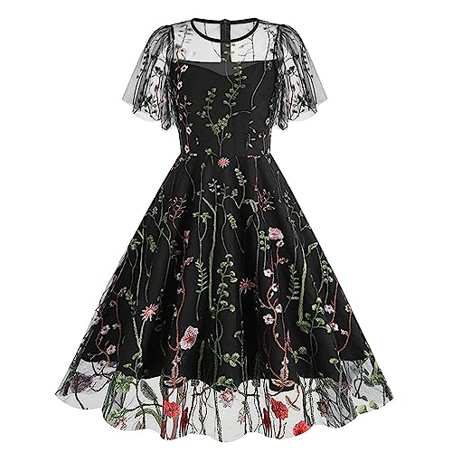 50er Rockabilly Petticoat Kleid Damen Hepburn Tüll Abendkleid Stickerei Blumen Druck Ballkleid Kurzarm Rundhals Partykleid Hohe Taille Abiballkleid A-Linie Brautjungfern Kleider Swing Kleid von Dyhxuan