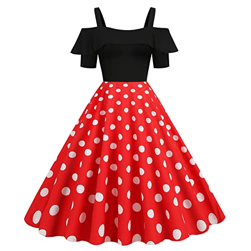 50er Rockabilly Petticoat Kleid Damen Hepburn Tupfen Druck Abendkleid Kurzarm Ballkleid mit Schulterfrei Rüschensaum Sling Cocktailkleid Swing Partykleid A-Linie Abiballkleid von Dyhxuan