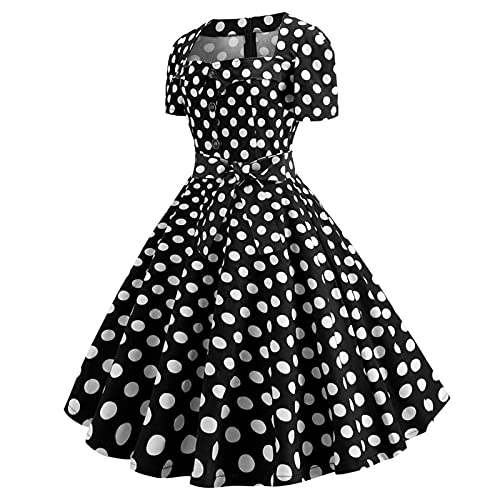 50er Rockabilly Petticoat Kleider Damen Retro Tupfen Druck Abendkleid Quadratischer Kragen Kurzarm Swing Kleid Partykleid Mit Bogen Knöpfe Ballkleid Cocktailkleid Brautjungfern Kleid von Dyhxuan