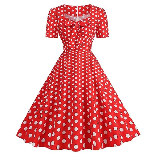 50er Rockabilly Petticoat Kleider Damen Retro Tupfen Druck Abendkleid Quadratischer Kragen Kurzarm Swing Kleid Partykleid Mit Bogen Knöpfe Ballkleid Cocktailkleid Brautjungfern Kleid von Dyhxuan