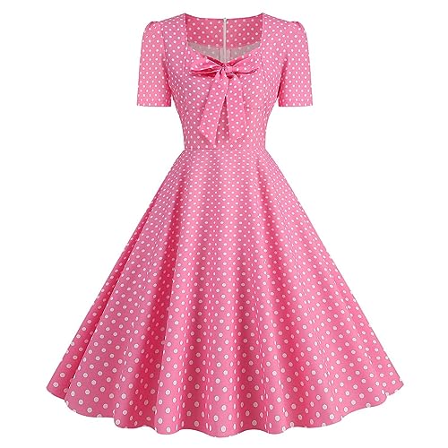 50er Rockabilly Petticoat Kleider Damen Retro Tupfen Druck Abendkleid Quadratischer Kragen Kurzarm Swing Kleid Partykleid Mit Bogen Knöpfe Ballkleid Cocktailkleid Brautjungfern Kleid von Dyhxuan