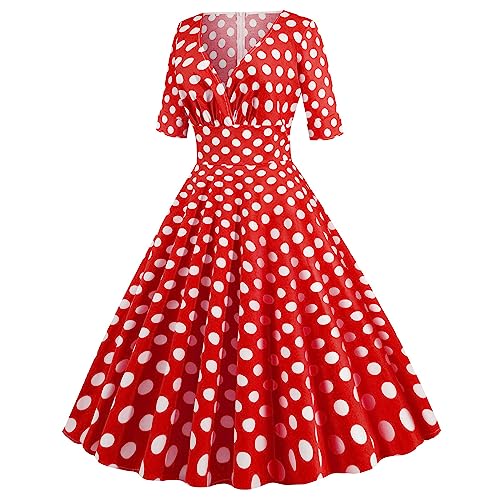 50er Rockabilly Petticoat Kleider Damen Retro Tupfen Druck Abendkleid Quadratischer Kragen Kurzarm Swing Kleid Partykleid Mit Bogen Knöpfe Ballkleid Cocktailkleid Brautjungfern Kleid von Dyhxuan