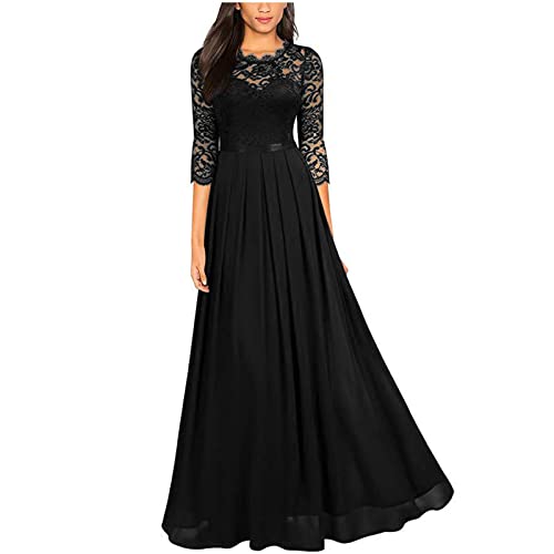 Abendkleid Damen Lang Elegant Spitze Cocktailkleid Einfarbige Maxikleid Rundhals Mittelarm Hochzeitskleid Reißverschluss Brautkleid Brautjungfern Kleid Slim Fit Abiballkleid Partykleid von Dyhxuan