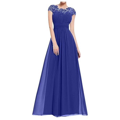 Abendkleid Damen Lang Elegant Spitze Cocktailkleid Einfarbige Maxikleid Rundhals Mittelarm Hochzeitskleid Reißverschluss Brautkleid Brautjungfern Kleid Slim Fit Abiballkleid Partykleid von Dyhxuan