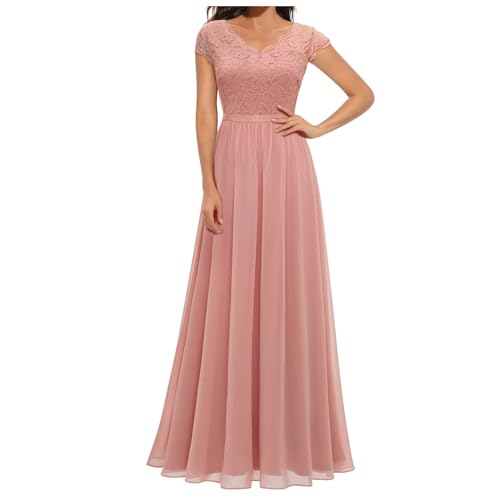 Abendkleid Damen Lang Elegant Spitze Cocktailkleid Einfarbige Maxikleid Rundhals Mittelarm Hochzeitskleid Reißverschluss Brautkleid Brautjungfern Kleid Slim Fit Abiballkleid Partykleid von Dyhxuan