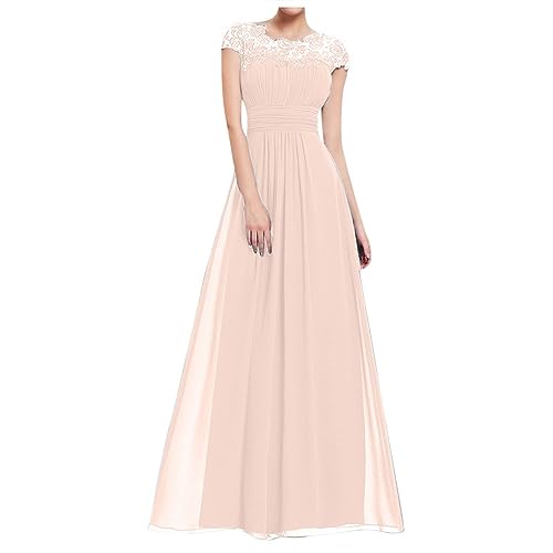 Abendkleid Damen Lang Elegant Spitze Cocktailkleid Einfarbige Maxikleid Rundhals Mittelarm Hochzeitskleid Reißverschluss Brautkleid Brautjungfern Kleid Slim Fit Abiballkleid Partykleid von Dyhxuan