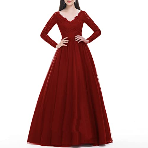 Abendkleid Damen Lang Elegant Spitze Cocktailkleid Einfarbige Maxikleid Rundhals Mittelarm Hochzeitskleid Reißverschluss Brautkleid Brautjungfern Kleid Slim Fit Abiballkleid Partykleid von Dyhxuan