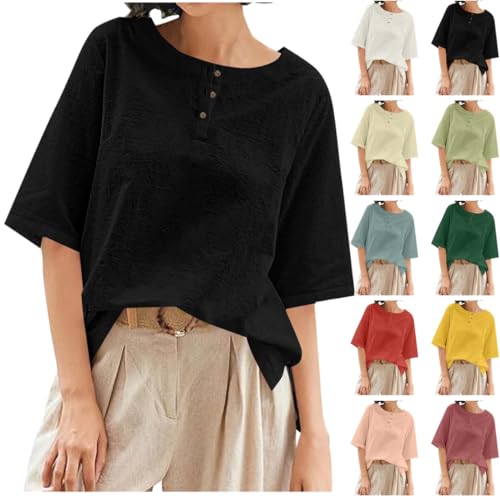 Angebote des Tages Heute Musselin Bluse Damen Oversized Baumwolle Leinen Tshirt Knöpfe Rundhals Oberteile Sommer Kurzarm T-Shirt Einfarbig Leinenbluse Vorne Kurz und Hinten Lang Blusenshirt von Dyhxuan
