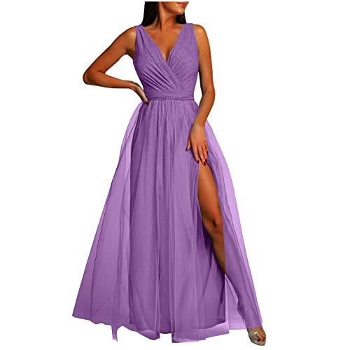 Ballkleid Damen Lang Sexy Tüll Einfarbige Trägerkleid Ärmellos Schulterfrei Partykleid Hohe Taille Cocktailkleid Sling Abendkleid Abiballkleid Knöchellang Maxikleid Hochzeitskleid von Dyhxuan