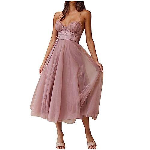 Ballkleid Damen Lang Sexy Tüll Einfarbige Trägerkleid Ärmellos Schulterfrei Partykleid Hohe Taille Cocktailkleid Sling Abendkleid Abiballkleid Knöchellang Maxikleid Hochzeitskleid von Dyhxuan
