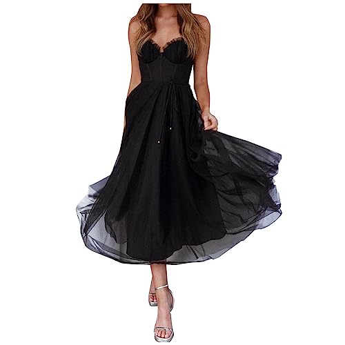 Ballkleid Damen Lang Sexy Tüll Einfarbige Trägerkleid Ärmellos Schulterfrei Partykleid Hohe Taille Cocktailkleid Sling Abendkleid Abiballkleid Knöchellang Maxikleid Hochzeitskleid von Dyhxuan