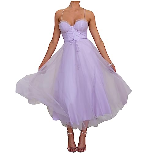 Ballkleid Damen Lang Sexy Tüll Einfarbige Trägerkleid Ärmellos Schulterfrei Partykleid Hohe Taille Cocktailkleid Sling Abendkleid Abiballkleid Knöchellang Maxikleid Hochzeitskleid von Dyhxuan