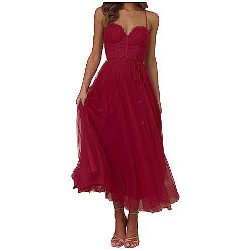 Ballkleid Damen Lang Sexy Tüll Einfarbige Trägerkleid Ärmellos Schulterfrei Partykleid Hohe Taille Cocktailkleid Sling Abendkleid Abiballkleid Knöchellang Maxikleid Hochzeitskleid von Dyhxuan