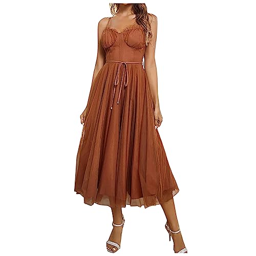 Ballkleid Damen Lang Sexy Tüll Einfarbige Trägerkleid Ärmellos Schulterfrei Partykleid Hohe Taille Cocktailkleid Sling Abendkleid Abiballkleid Knöchellang Maxikleid Hochzeitskleid von Dyhxuan