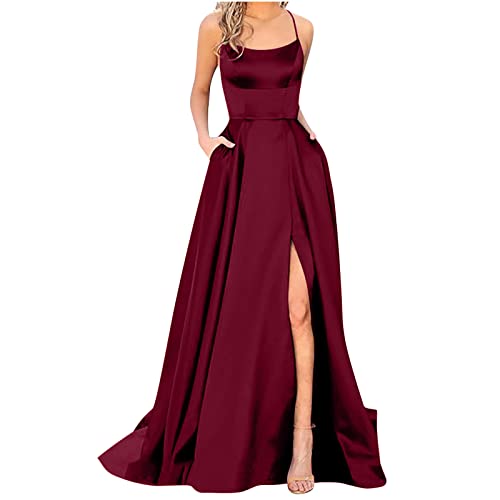 Ballkleider Damen Lang Einfarbige Abendkleid Temperament Ärmellos Sling Cocktailkleid Hohe Taille Partykleid Abiballkleid mit Teilt Brautjungfern Kleider mit Taschen Bodenlang Maxikleid von Dyhxuan