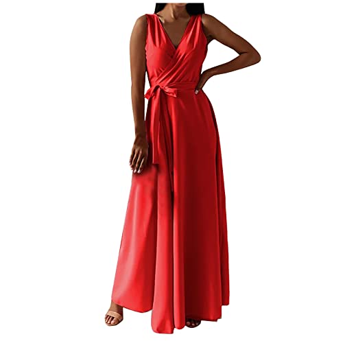 Ballkleider Damen Lang Einfarbige Cocktailkleid Ärmellos V-Ausschnitt Partykleid Hohe Taille Abendkleid Abiballkleid mit Schnürung Brautjungfern Kleider Knöchellang Maxikleid Hochzeitskleid von Dyhxuan