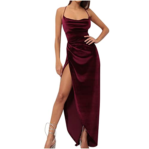Ballkleider Damen Lang Einfarbige Cocktailkleid Sexy Ärmellos Halfter Partykleid Hohe Taille Abendkleid Schulterfrei Maxi Abiballkleid Brautjungfern Kleider mit Schlitz Knöchellang Maxikleid von Dyhxuan