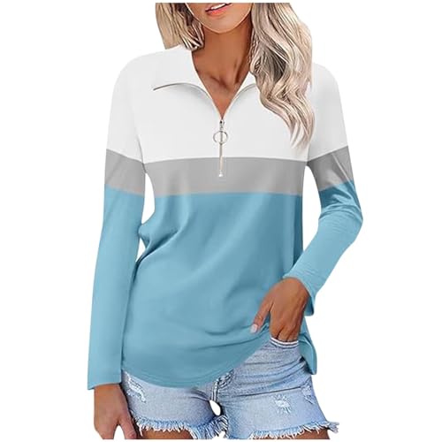 Black Friday Angebote 2024 Bluse Damen Farbblock Langarmshirt 1/4 Zip V-Ausschnitt Oberteile Elegant Umlegekragen Pullover Tops Lässig Langarm Tshirt Locker T-Shirt Longsleeve Shirt Tunika von Dyhxuan