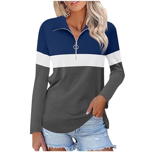 Black Friday Angebote 2024 Bluse Damen Farbblock Langarmshirt 1/4 Zip V-Ausschnitt Oberteile Elegant Umlegekragen Pullover Tops Lässig Langarm Tshirt Locker T-Shirt Longsleeve Shirt Tunika von Dyhxuan