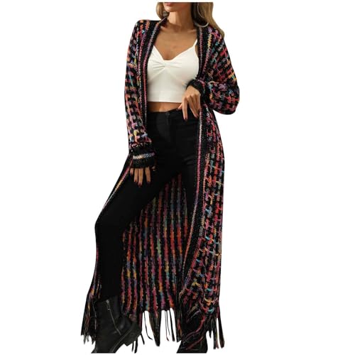 Cardigan Damen Lang Fransen Strickjacke Modische Farbdruck Pullover Strickmantel Winter Warm Übergangsjacke Quaste Winterjacke Mantel Teenager Mädchen Übergangsjacke Übergangsmantel von Dyhxuan