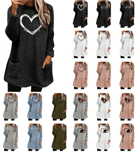 Damen Pullover Vintage Liebedrucken Fleecepullover Langarmshirt Doppelter Samt Sweatshirt Langarm Rundhals Plüschpullover Warm Gefüttert T-Shirt Pulli Große Größen Bluse Oberteile Locker Tshirt von Dyhxuan