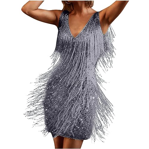 Dyhxuan 1920er Fransenkleid mit Träger Sexy Schulterfrei Partykleid Elegant Einfarbige Lateinisches Tanzkleid ärmellos Quadratischer Kragen Quastenkleid Knielang Cocktailkleid Wickelkleider von Dyhxuan