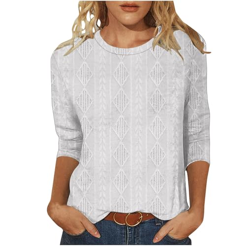 Dyhxuan 3/4 Arm Shirt Damen Strick Baumwolle T-Shirt Einfarbig Jacquard Oberteile Dreiviertelärmel Rundhals Tshirt Vielseitig T Shirt Atmungsaktive Bluse Casual Komfortabel Pullover Tops für Frauen von Dyhxuan