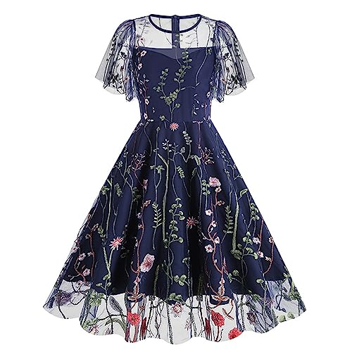 50er Rockabilly Petticoat Kleid Damen Hepburn Tüll Abendkleid Stickerei Blumen Druck Ballkleid Kurzarm Rundhals Partykleid Hohe Taille Abiballkleid A-Linie Brautjungfern Kleider Swing Kleid von Dyhxuan