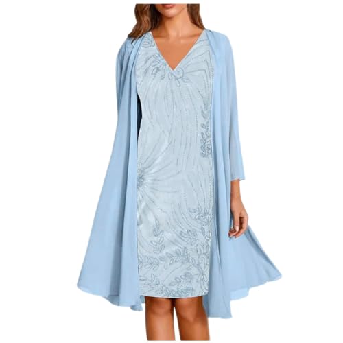 Dyhxuan Abendkleid Damen Elegant Einfarbige Stickerei Partykleid Zweiteiliges Set Kleider Ärmellos Ballkleid mit Rundhals + Einfarbige Cardigan Jacke Knielang Cocktailkleid Abiballkleid 5XL von Dyhxuan