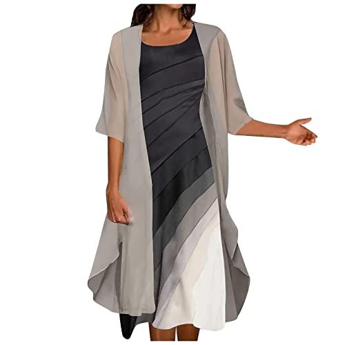 Dyhxuan Abendkleid Damen Elegant Einfarbige Stickerei Partykleid Zweiteiliges Set Kleider Ärmellos Ballkleid mit Rundhals + Einfarbige Cardigan Jacke Knielang Cocktailkleid Abiballkleid 5XL von Dyhxuan