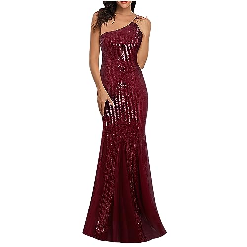 Dyhxuan Abendkleid Damen Mode Pailletten Cocktailkleid Ärmellos Ballkleid mit Eine Schulter Farbblocknähte Lang Partykleid Bodenlang Brautjungfern Kleider Slim Fit Abiballkleid Schlitz Maxikleid von Dyhxuan